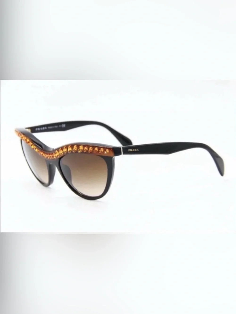Women's PRADA Black Cat-Eye Sunglasses with Amber Crystal Trim
